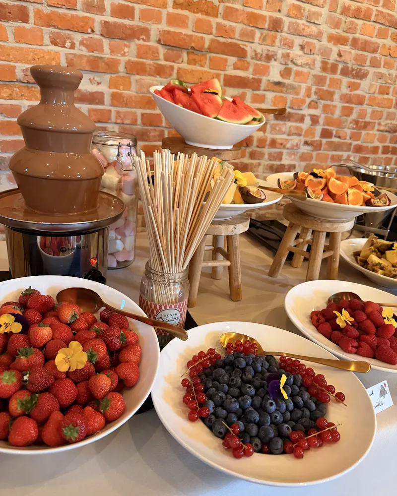 Chocoladefontein met schalen vers fruit